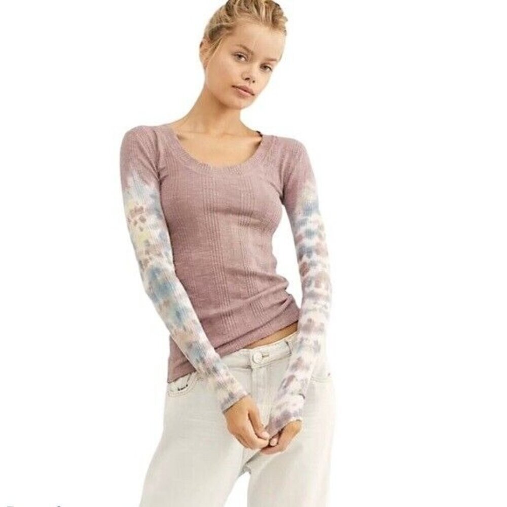Free People We The Free S Big Sur Ribbed Tee Shirt Lilac Misty Mountain Tie Dye